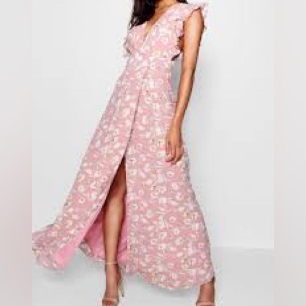Boohoo FLORAL FRILL DETAIL WRAP MAXI DRESS